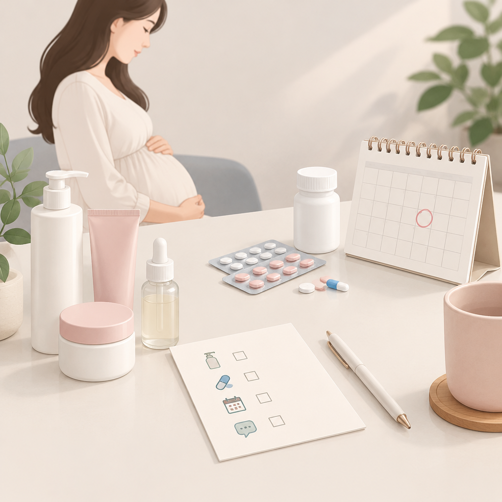 AI 생성 설명 이미지: 임산부 왁싱 도도라인왁싱 파주운정본점 | 피부 제품·약물 사용 정보를 구분해 알리는 체크리스트